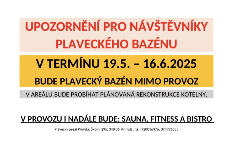 UZAVŘENÍ PLAVECKÉHO BAZÉNU OD 19.5.2025