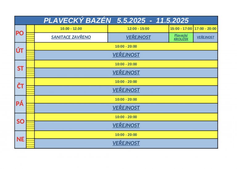 Rozpis – Bazén  5.5.2025 – 11.5.2025