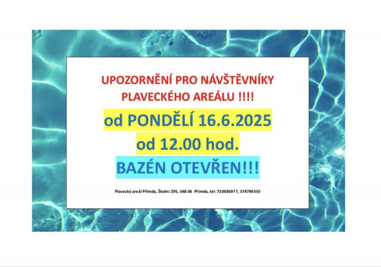 V PODNĚLÍ 16.6.2025 OTEVÍRÁME BAZÉN