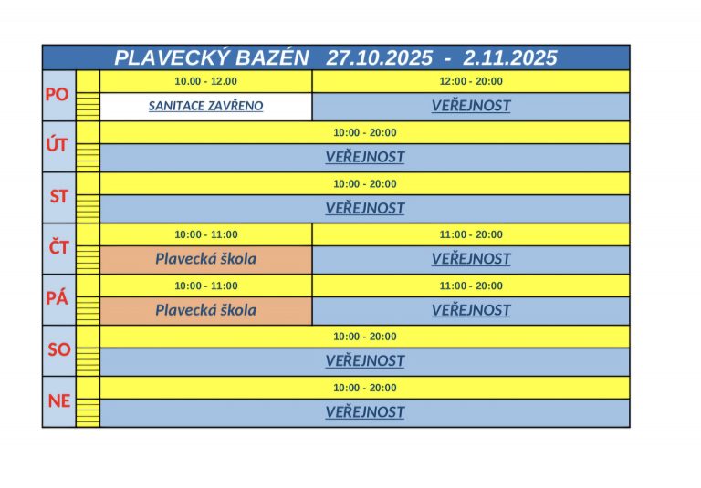 ROZPIS – BAZÉN   27.10 – 2.11.2025