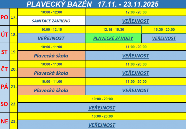ROZPIS – BAZÉN    17.11. – 23.11.2025