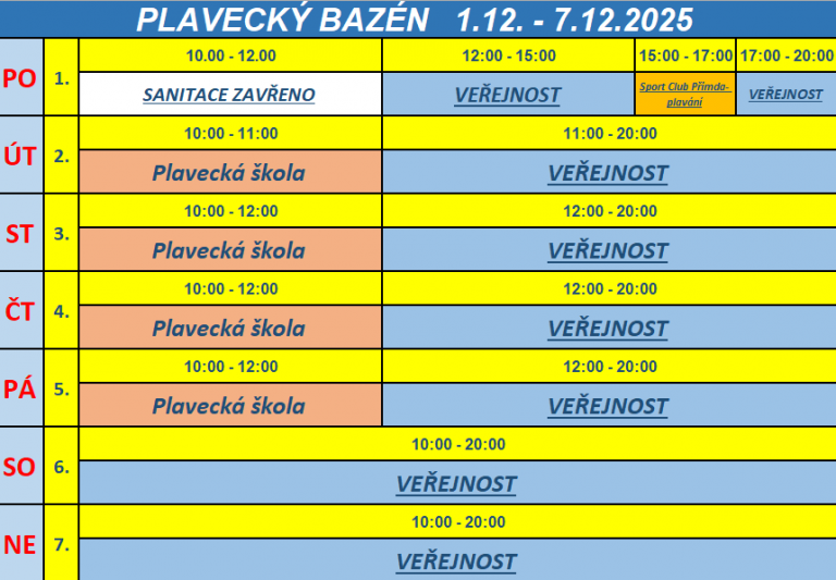 ROZPIS BAZÉN 1.-7.12.2025