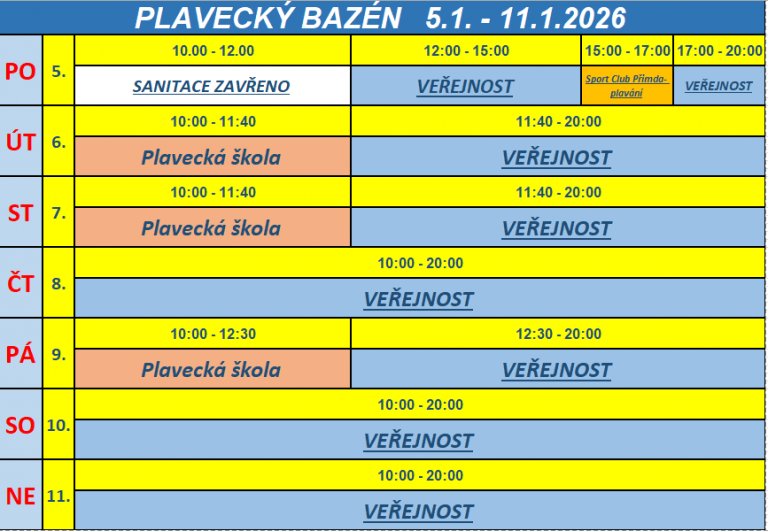 rozpis – BAZÉN   5.1. – 11.1.2026