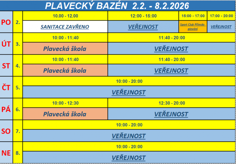 rozpis – BAZÉN   2.2. – 8.2.2026