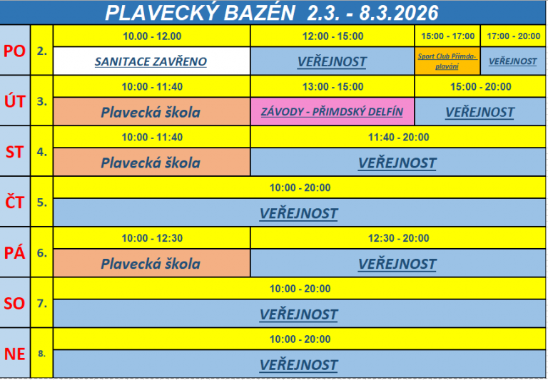 rozpis – BAZÉN   2.3. – 8.3.2026
