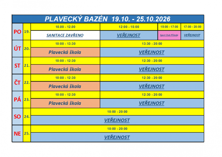 ROZPIS – BAZÉN 19.10. – 25.10.2026